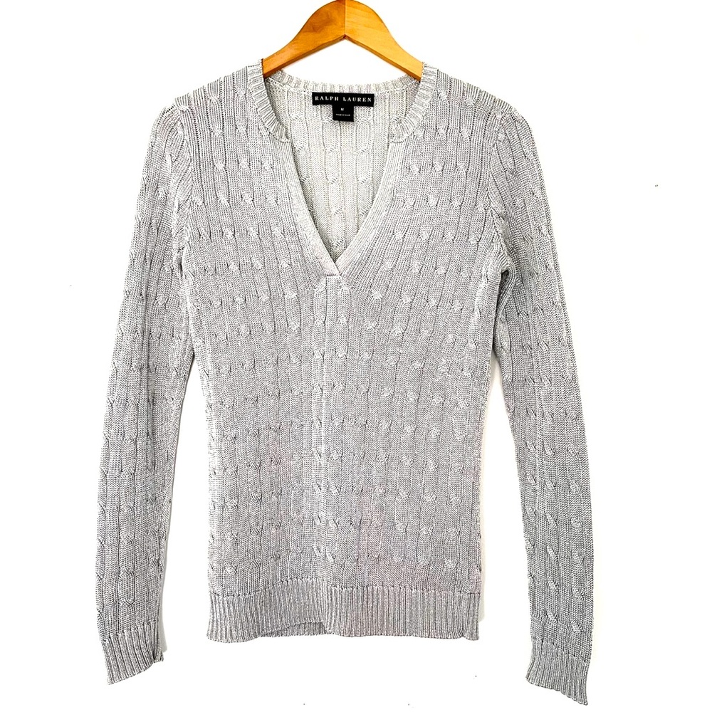RALPH LAUREN Black Label Silver Metallic Cable Knit Top Sweater Heavy Silver